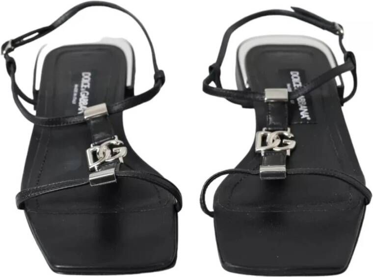 Dolce & Gabbana Zwarte Leren Logo Platte Sandalen Black Dames