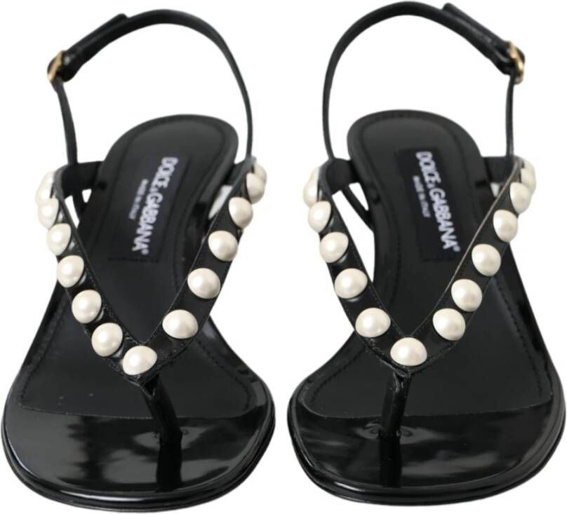 Dolce & Gabbana Zwarte Leren Parelhak Sandalen Black Dames