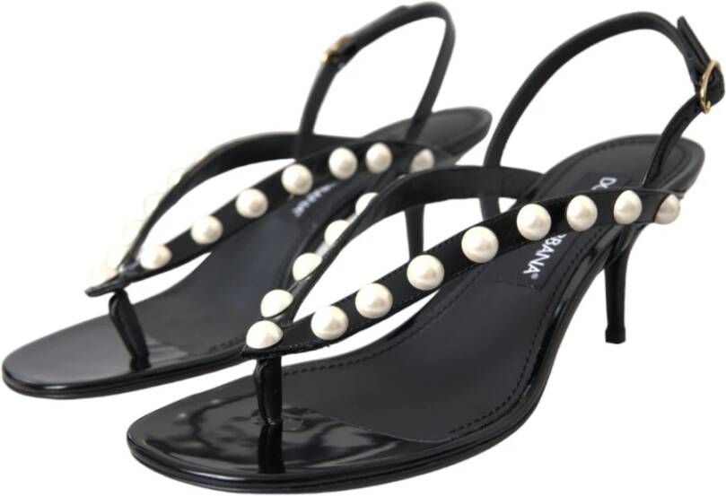 Dolce & Gabbana Zwarte Leren Parelhak Sandalen Black Dames