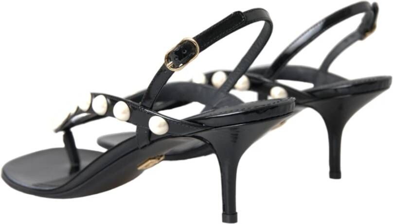 Dolce & Gabbana Zwarte Leren Parelhak Sandalen Black Dames