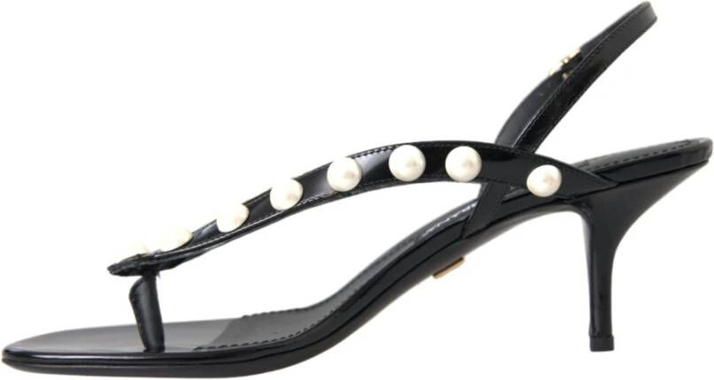 Dolce & Gabbana Zwarte Leren Parelhak Sandalen Black Dames