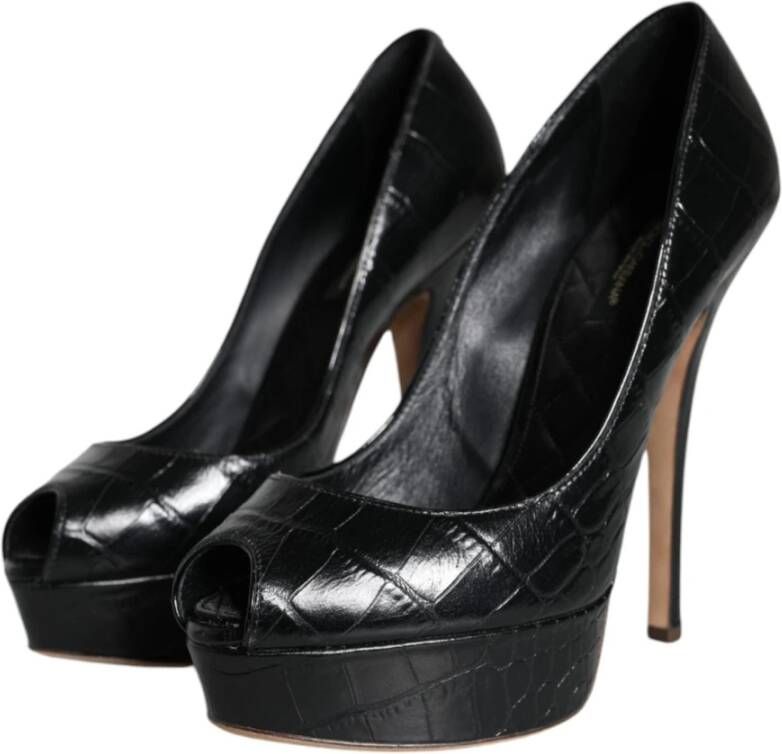 Dolce & Gabbana Zwarte Leren Plateauhakken Pumps met Logodetails Black Dames