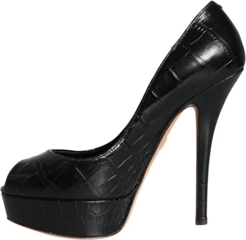 Dolce & Gabbana Zwarte Leren Plateauhakken Pumps met Logodetails Black Dames