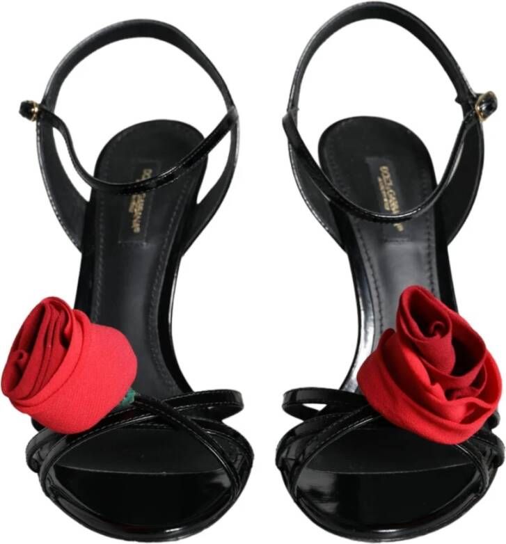 Dolce & Gabbana Zwarte leren rozen enkelband sandalen Black Dames