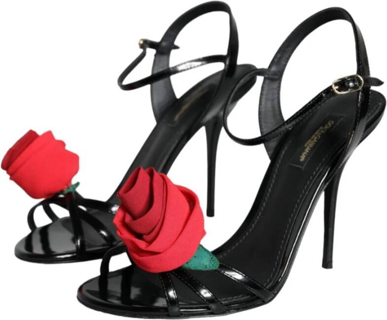 Dolce & Gabbana Zwarte leren rozen enkelband sandalen Black Dames