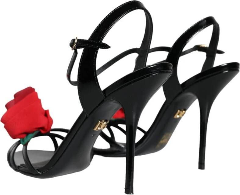 Dolce & Gabbana Zwarte leren rozen enkelband sandalen Black Dames