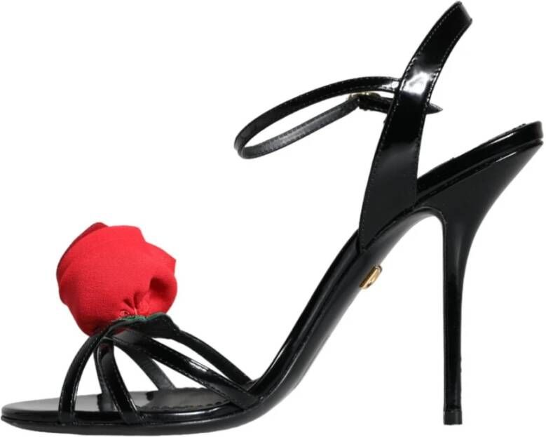 Dolce & Gabbana Zwarte leren rozen enkelband sandalen Black Dames