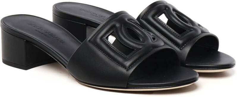 Dolce & Gabbana Zwarte Leren Sandalen met Logo Voetbed Black Dames