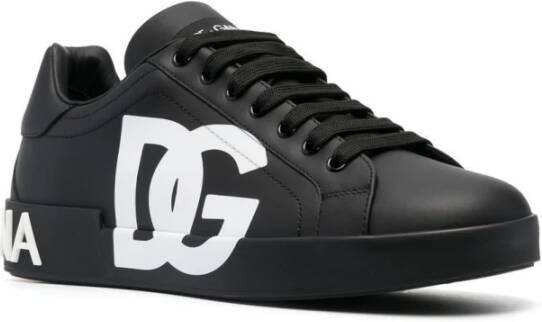 Dolce & Gabbana Zwarte Leren Sneakers Logo Print Black Heren