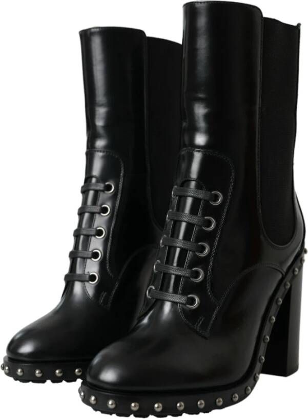 Dolce & Gabbana Zwarte Leren Studs Veterschoenen Black Dames