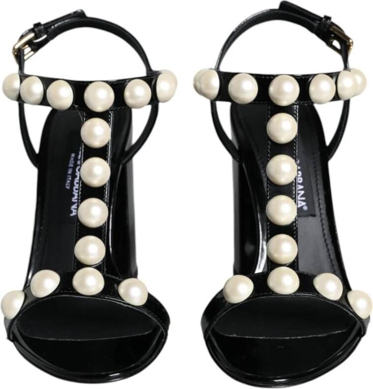 Dolce & Gabbana Zwarte leren T-strap sandalen met parels Black Dames