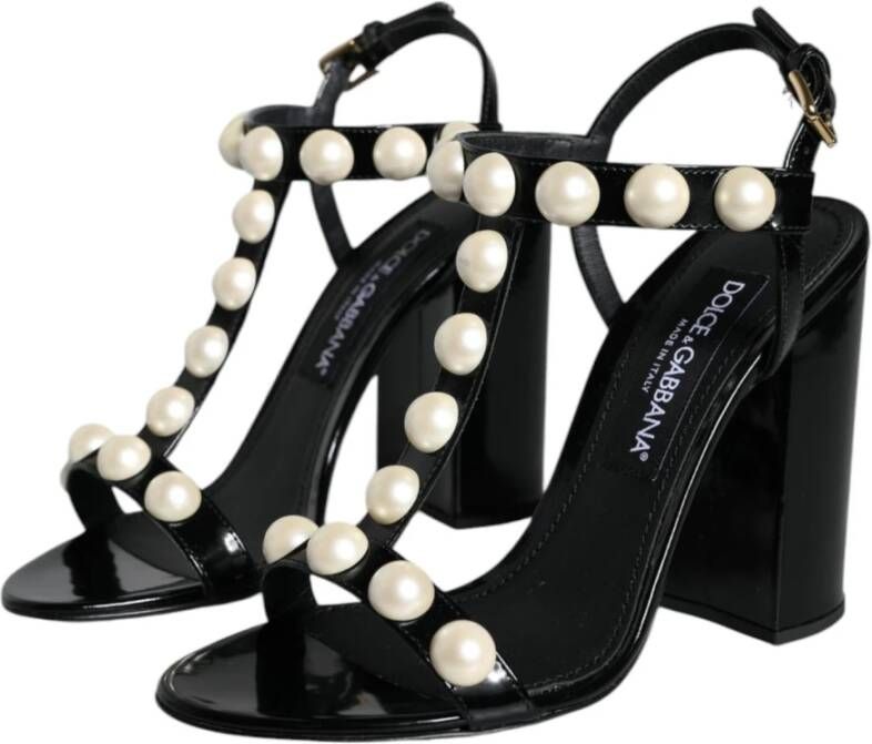 Dolce & Gabbana Zwarte leren T-strap sandalen met parels Black Dames