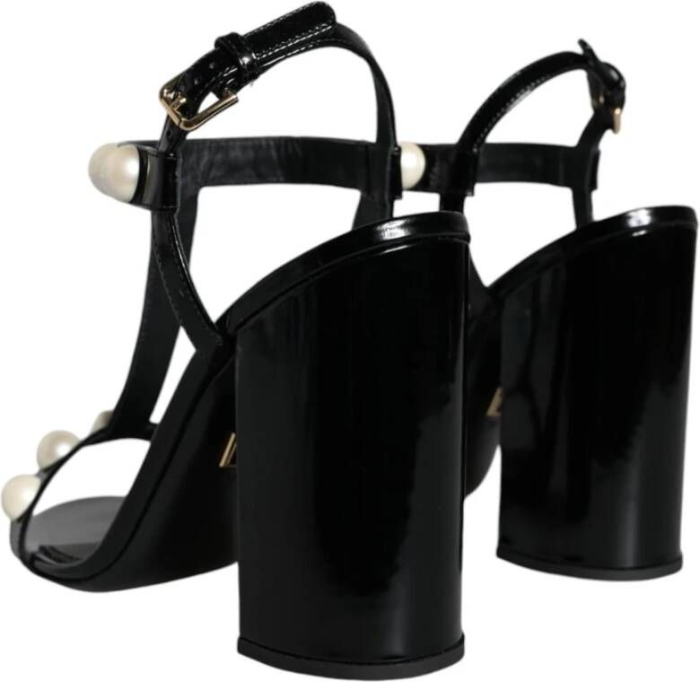 Dolce & Gabbana Zwarte leren T-strap sandalen met parels Black Dames