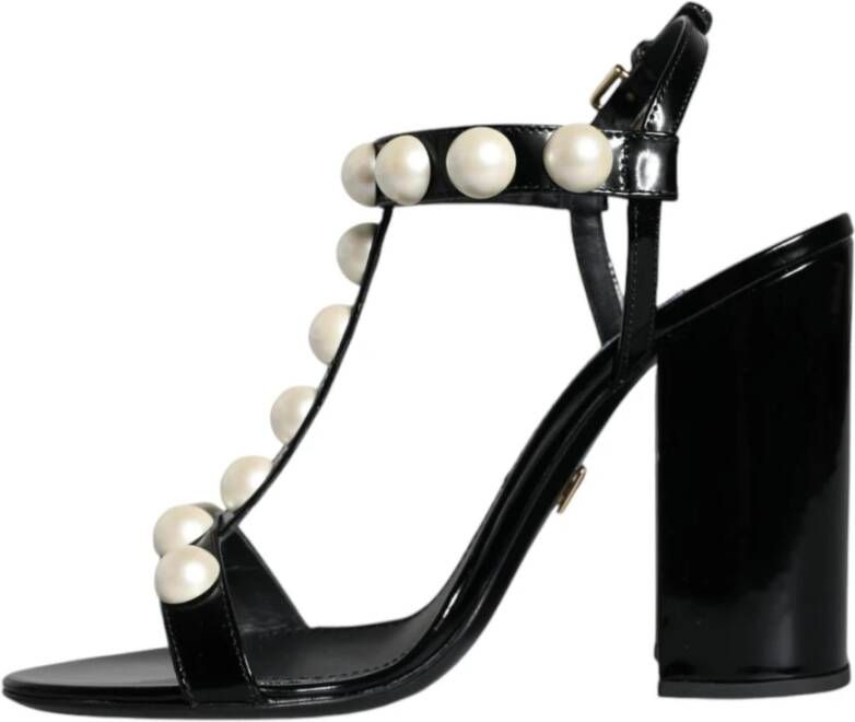 Dolce & Gabbana Zwarte leren T-strap sandalen met parels Black Dames