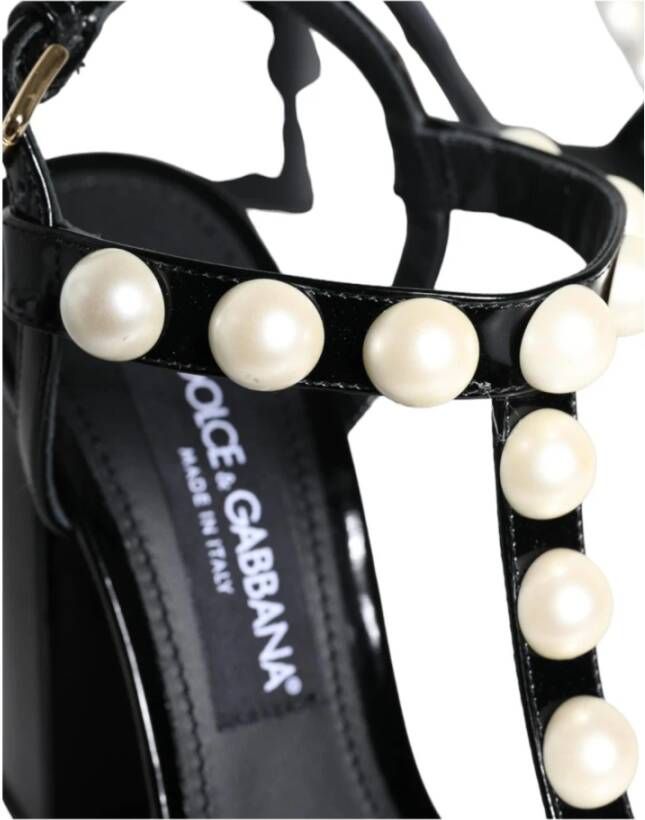 Dolce & Gabbana Zwarte leren T-strap sandalen met parels Black Dames