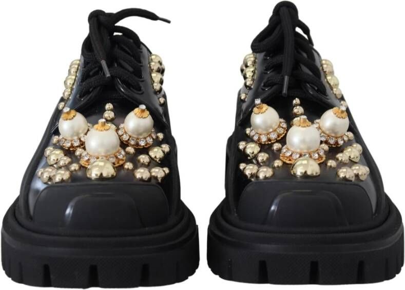 Dolce & Gabbana Zwarte leren trekking derby met gouden studs Black Dames