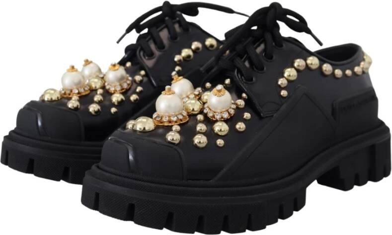 Dolce & Gabbana Zwarte leren trekking derby met gouden studs Black Dames