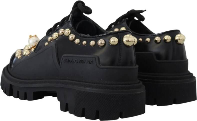 Dolce & Gabbana Zwarte leren trekking derby met gouden studs Black Dames