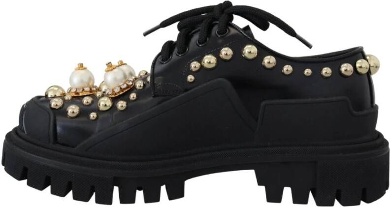 Dolce & Gabbana Zwarte leren trekking derby met gouden studs Black Dames