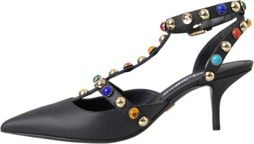 Dolce & Gabbana Zwarte Leren Versierde Hak Sandalen Black Dames