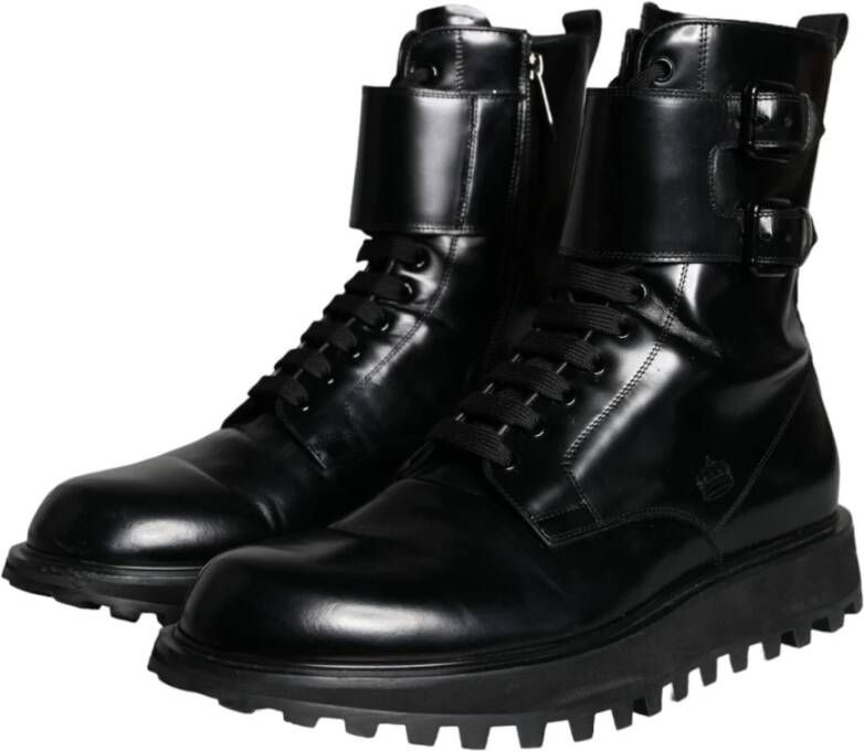 Dolce & Gabbana Zwarte Leren Veterschoenen tot Halverwege de Kuit Black Heren