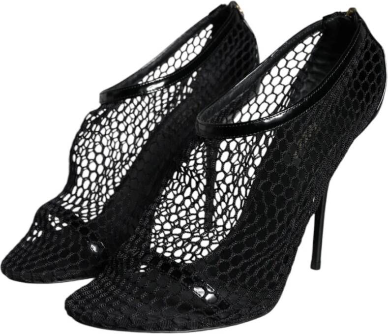 Dolce & Gabbana Zwarte Mesh Leren Enkelband Hakken Black Dames