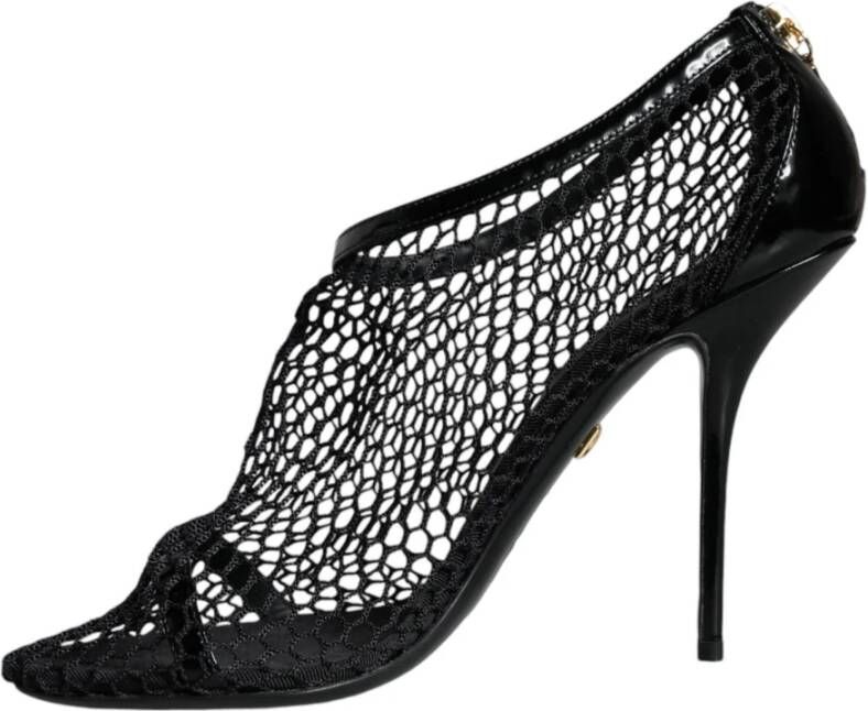 Dolce & Gabbana Zwarte Mesh Leren Enkelband Hakken Black Dames