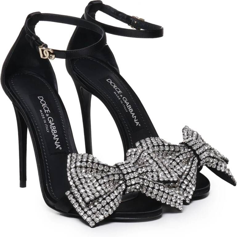 Dolce & Gabbana Zwarte Satijnen Enkelband Sandalen met Strik van Strass Black Dames