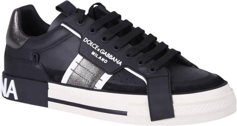 Dolce & Gabbana Zwarte Sneakers Metallic Inzetstukken Rubberen Zool Black Heren