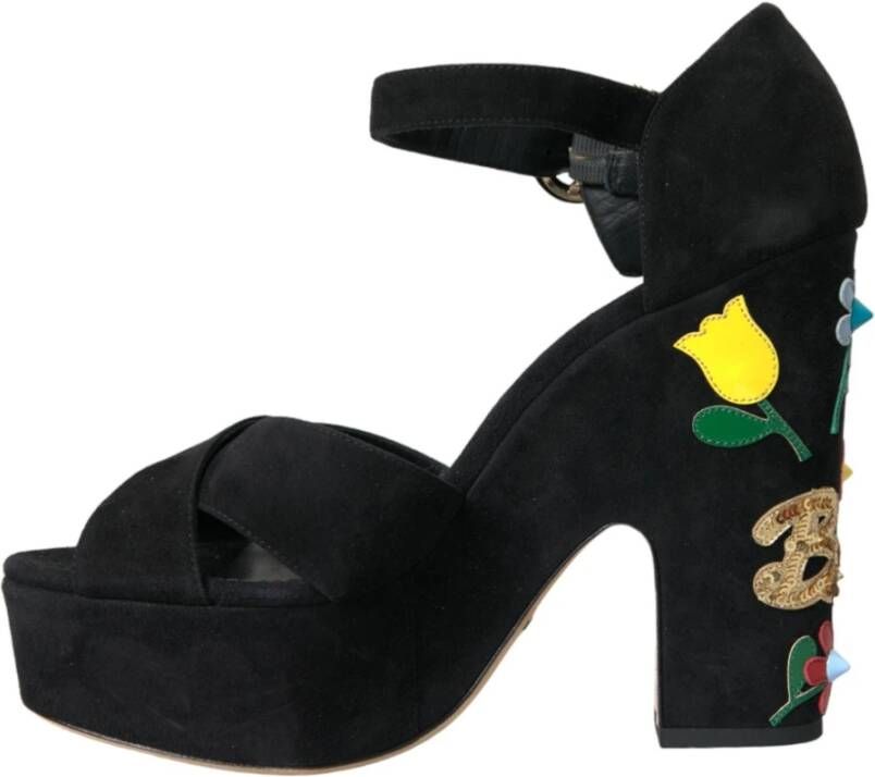 Dolce & Gabbana Zwarte Suède Bloem Hakken Sandalen Black Dames