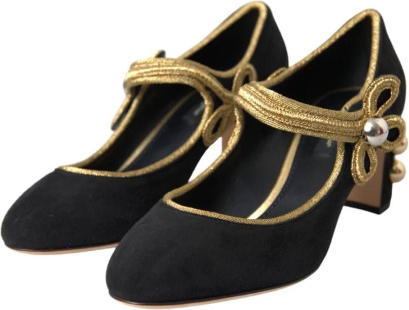 Dolce & Gabbana Zwarte Suède Gouden Mary Janes Hakken Black Dames