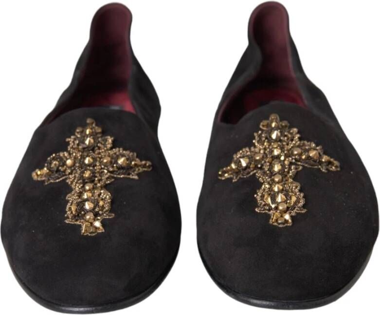 Dolce & Gabbana Zwarte Suède Loafers met Gouden Kruis Black Heren