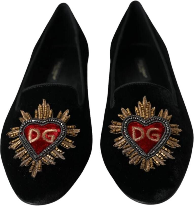 Dolce & Gabbana Zwarte Velvet DG Heart Loafers Flats Black Dames