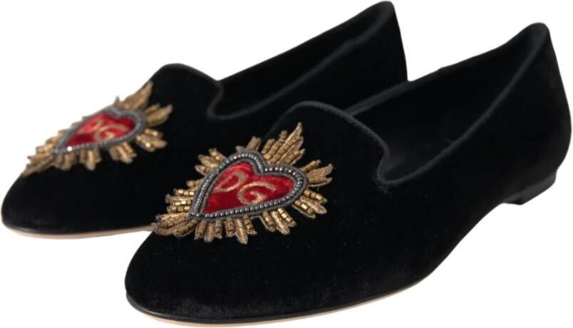 Dolce & Gabbana Zwarte Velvet DG Heart Loafers Flats Black Dames