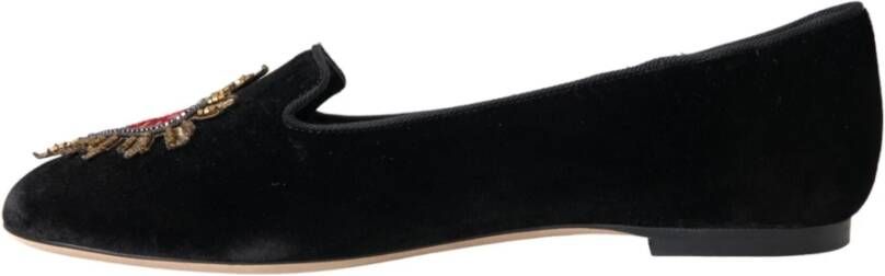 Dolce & Gabbana Zwarte Velvet DG Heart Loafers Flats Black Dames