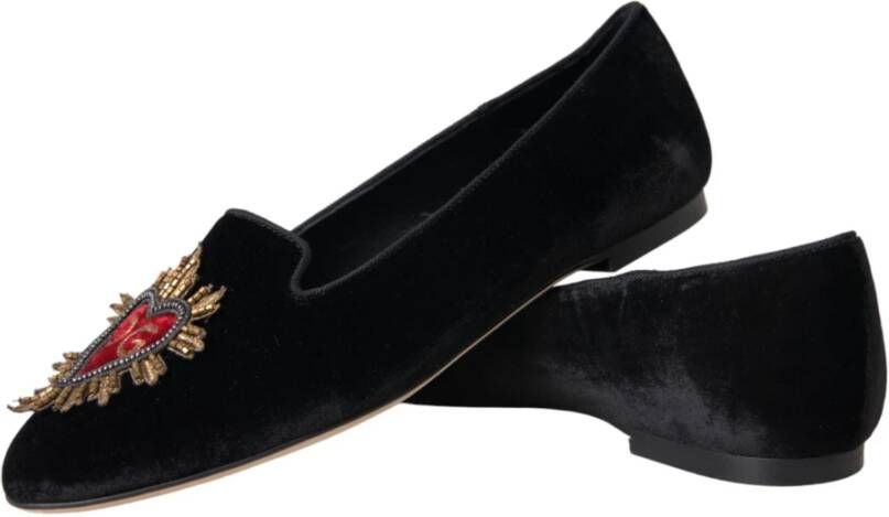 Dolce & Gabbana Zwarte Velvet DG Heart Loafers Flats Black Dames