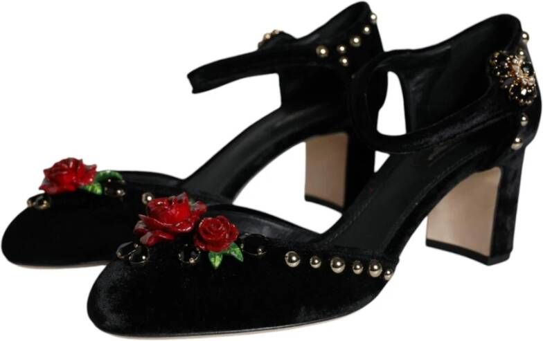 Dolce & Gabbana Zwarte Velvet Rose Enkelband Pumps Black Dames