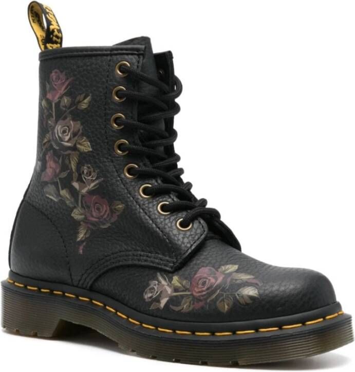 Dr. Martens Zwarte Leren Rozenprint Laarzen Black Dames