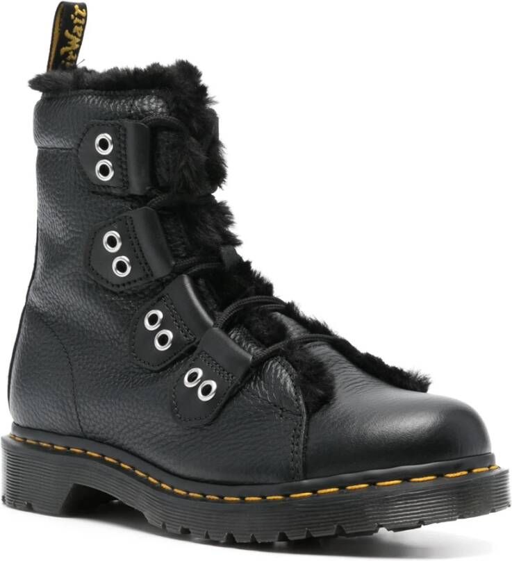 Dr. Martens Zwarte Veterschoenen met Faux-Fur Voering Black Dames