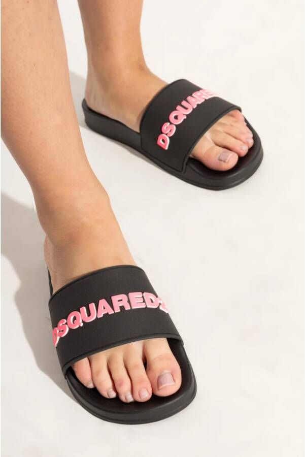 Dsquared2 Rubberen slides met logo Black Dames