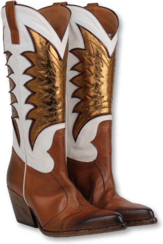 Elena Iachi Bruine Cowboy Boots met Witte Details Brown Dames