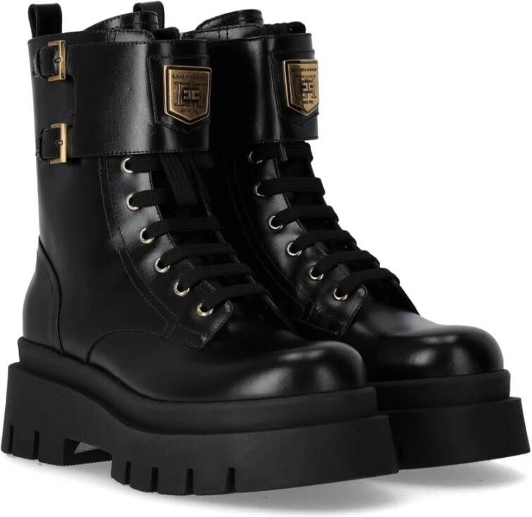 Elisabetta Franchi Zwarte Combat Boot met Gouden Embleem Black Dames