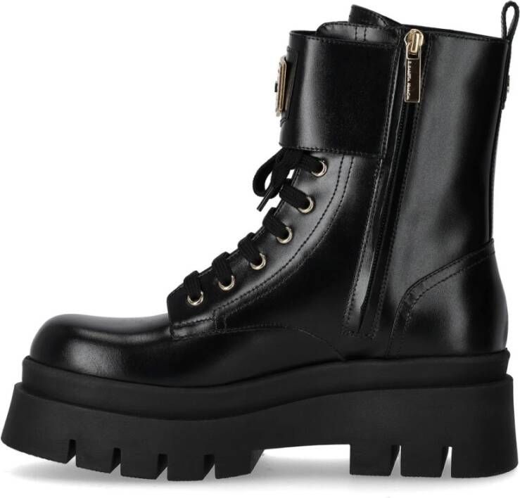 Elisabetta Franchi Zwarte Combat Boot met Gouden Embleem Black Dames