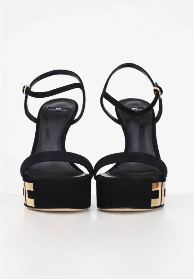 Elisabetta Franchi Zwarte Plateau Sandalen met Gouden Logo Black Dames