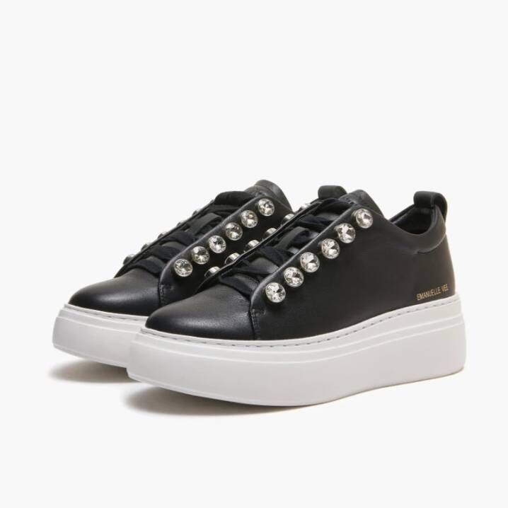 Emanuelle Vee Zwarte leren sneakers met strass veters Black Dames