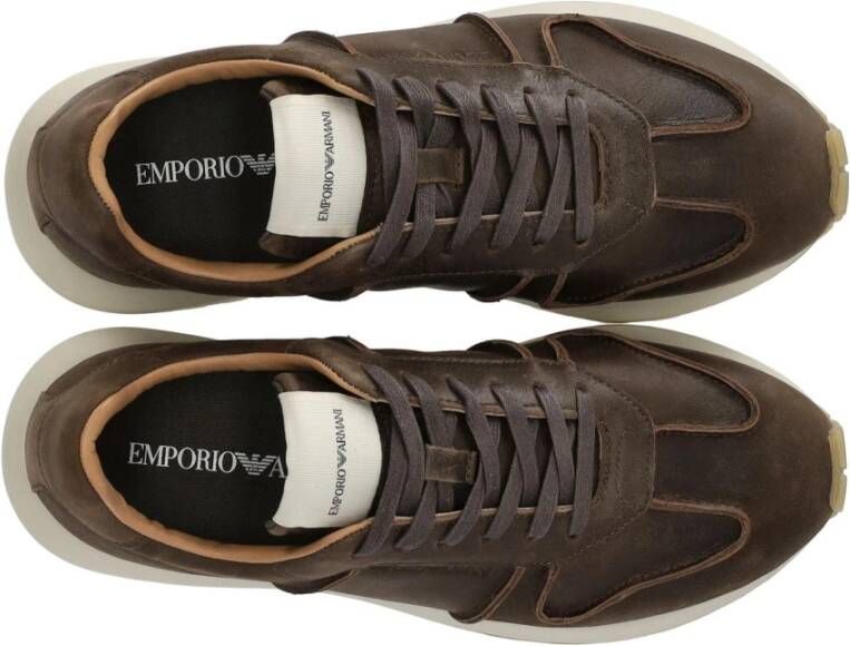 Emporio Armani Donkerbruine Sneaker met Kalfsleer Brown Heren