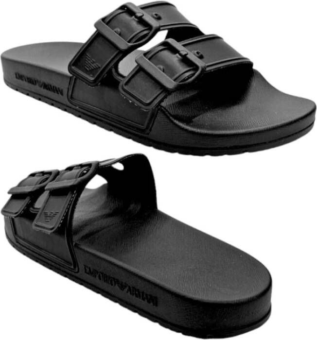 Emporio Armani Dubbele Gesp Logo Sliders Black Heren