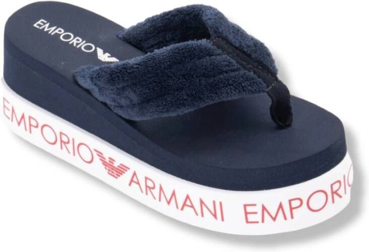 Emporio Armani Dubbele Laag Sleehak Slippers met 360° Letters Blue Dames
