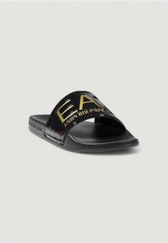 Ea7 Emporio Armani Teenslippers Visibility Logo Slides Shiny Black Gold