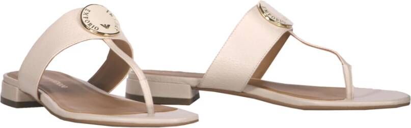 Emporio Armani Leren teenslippers met metalen plaat Beige Dames